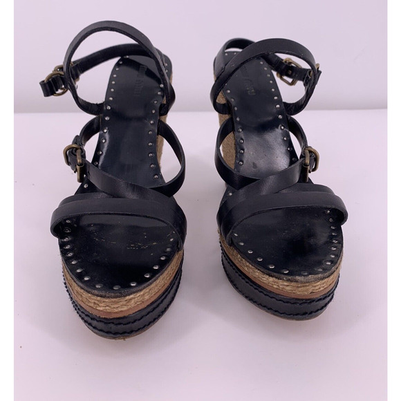 Miu Miu Black Leather Strappy Platform Wedge Sandal Espadrille Studs Size 39.5 - Picture 3 of 16